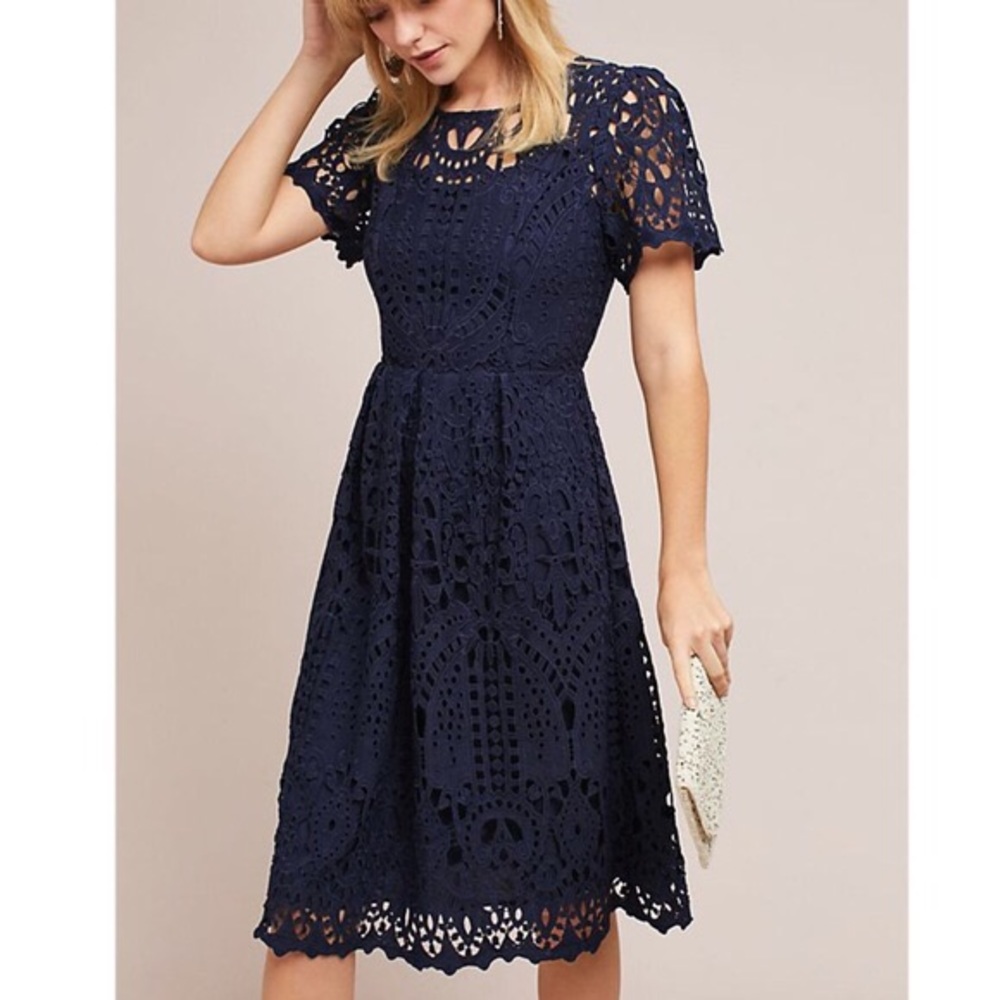 Anthropologie Navy Lace Midi Cutout Dress